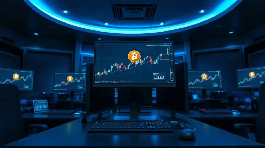 Trading desk monitors showing crypto charts with Bitcoin and Solana logos, representing market activity