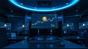 Trading desk monitors showing crypto charts with Bitcoin and Solana logos, representing market activity