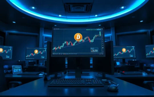 Trading desk monitors showing crypto charts with Bitcoin and Solana logos, representing market activity