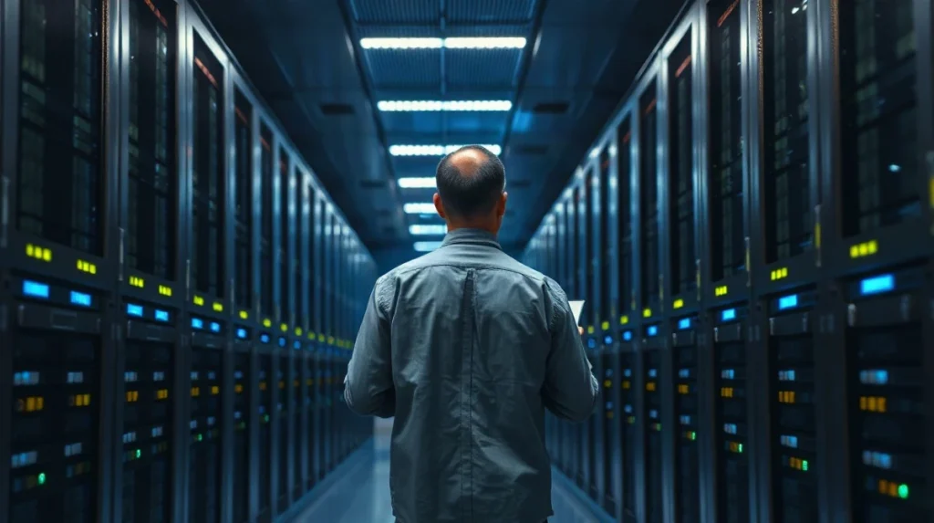 Technician checking blinking validator racks in a dim server room after Solana's slot time cut