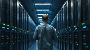 Technician checking blinking validator racks in a dim server room after Solana's slot time cut