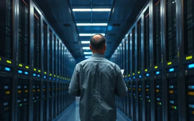 Technician checking blinking validator racks in a dim server room after Solana's slot time cut