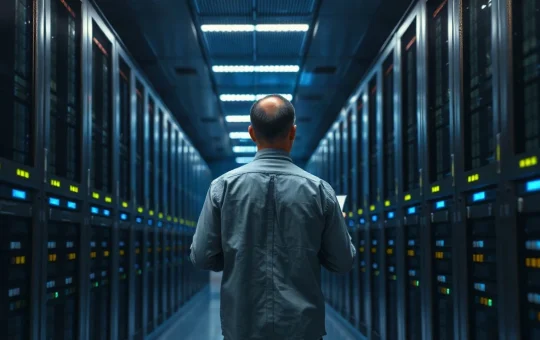 Technician checking blinking validator racks in a dim server room after Solana's slot time cut