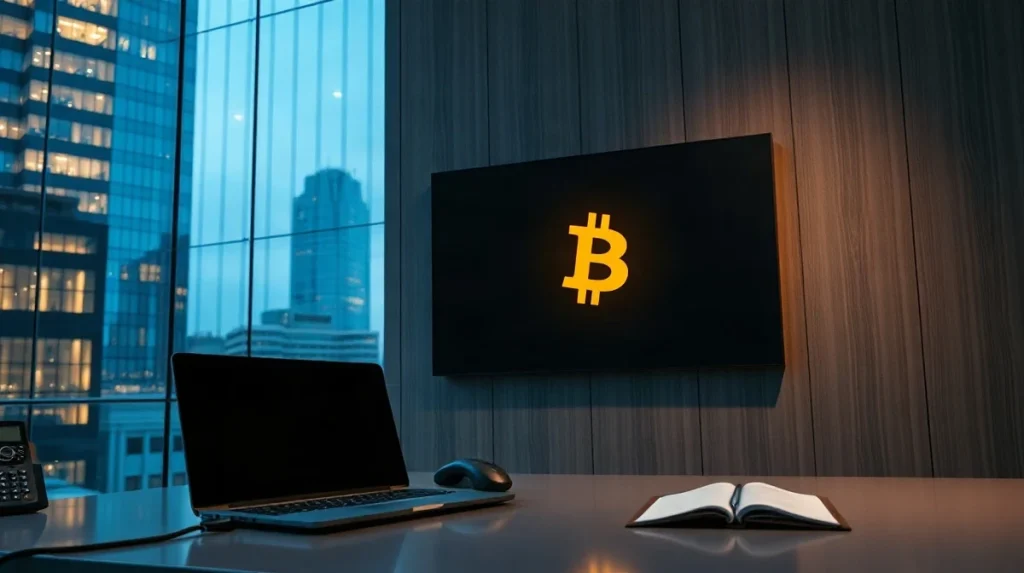 Dark corporate treasury office at dusk with a wall display showing a single orange coin icon