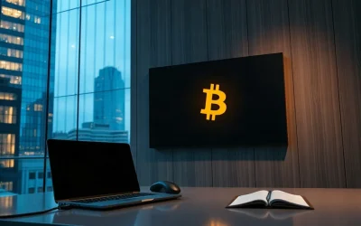 Dark corporate treasury office at dusk with a wall display showing a single orange coin icon