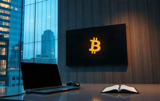 Dark corporate treasury office at dusk with a wall display showing a single orange coin icon