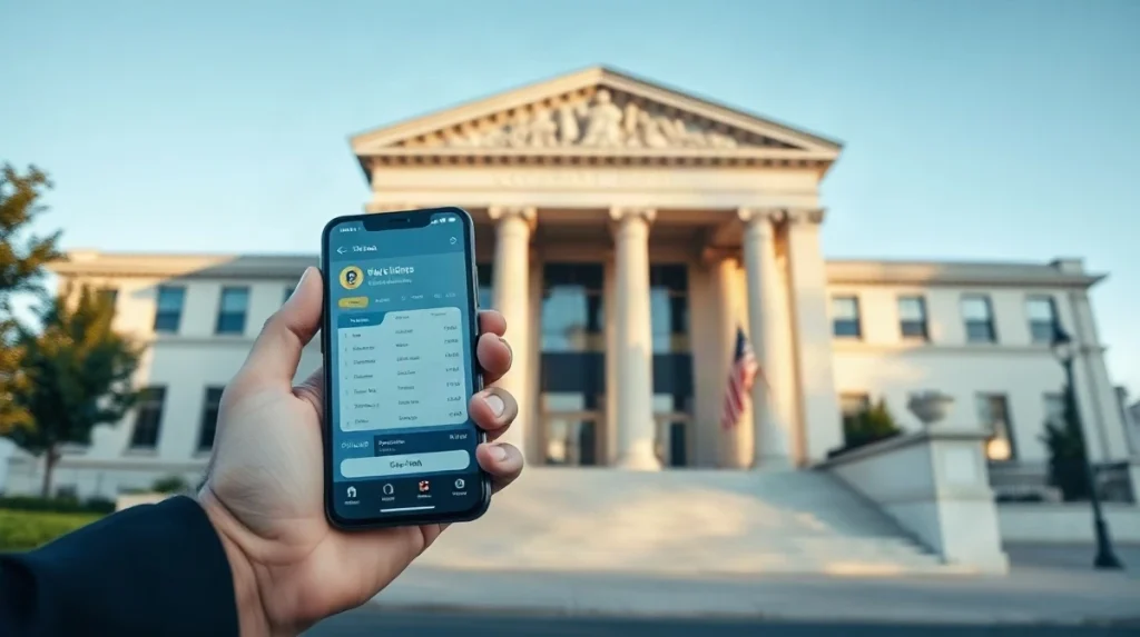 US courthouse exterior with a person holding a smartphone showing a digital wallet, illustrating the Tether lawsuit over frozen USDT.