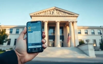 US courthouse exterior with a person holding a smartphone showing a digital wallet, illustrating the Tether lawsuit over frozen USDT.