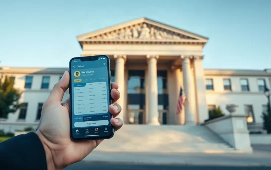 US courthouse exterior with a person holding a smartphone showing a digital wallet, illustrating the Tether lawsuit over frozen USDT.