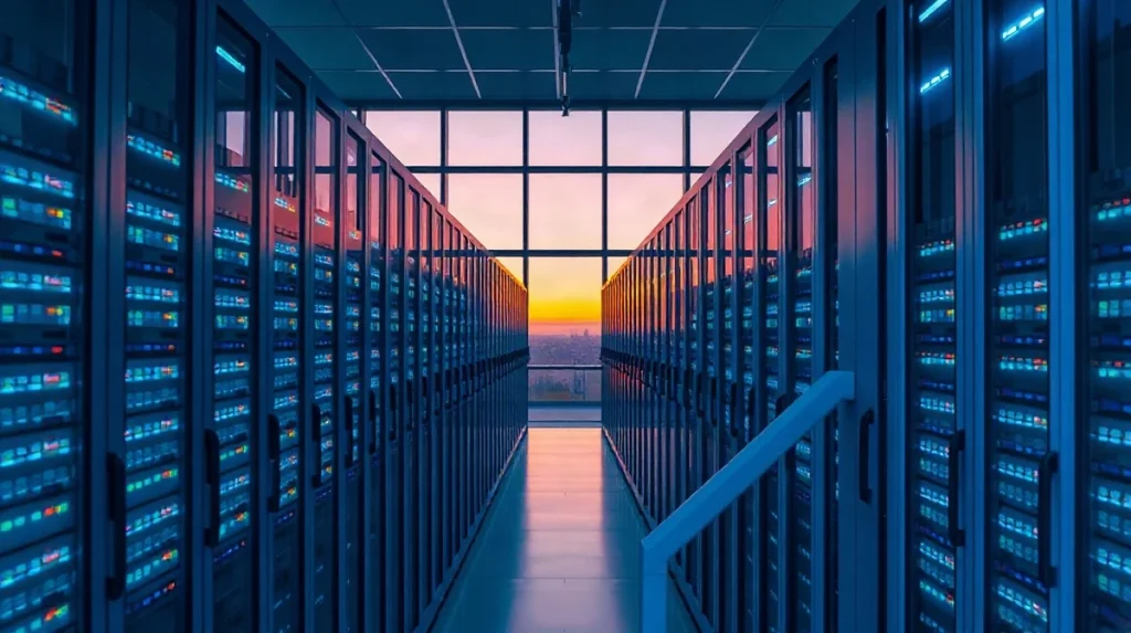 Rows of ASIC mining servers glowing inside a renewable-energy crypto data center at dusk