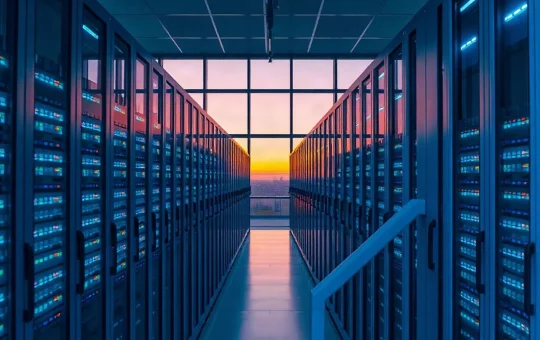 Rows of ASIC mining servers glowing inside a renewable-energy crypto data center at dusk