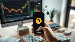 Hand holding a smartphone displaying a digital dollar token next to US dollar bills and financial charts