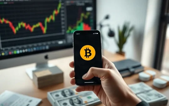 Hand holding a smartphone displaying a digital dollar token next to US dollar bills and financial charts