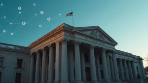 U.S. Treasury building with digital currency symbols overlay, representing stablecoin regulation
