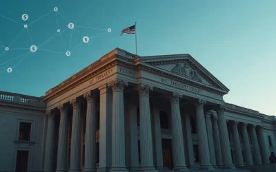U.S. Treasury building with digital currency symbols overlay, representing stablecoin regulation