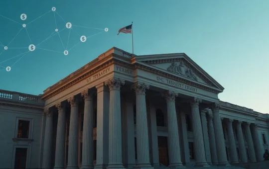 U.S. Treasury building with digital currency symbols overlay, representing stablecoin regulation