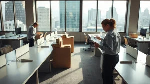 Empty desks in an Uber office during layoffs, symbolizing the 3,300 job cuts