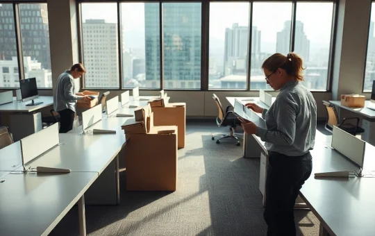 Empty desks in an Uber office during layoffs, symbolizing the 3,300 job cuts
