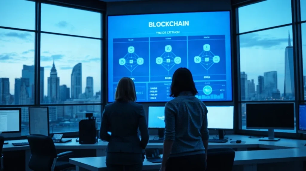 Bank operations staff reviewing blockchain transaction flows on a large screen in a London office
