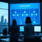 Bank operations staff reviewing blockchain transaction flows on a large screen in a London office