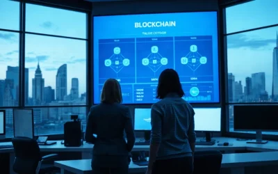 Bank operations staff reviewing blockchain transaction flows on a large screen in a London office