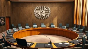 Empty delegate seat and microphone inside the UN Security Council chamber before an AI risks briefing
