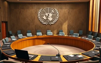 Empty delegate seat and microphone inside the UN Security Council chamber before an AI risks briefing