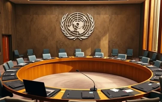 Empty delegate seat and microphone inside the UN Security Council chamber before an AI risks briefing