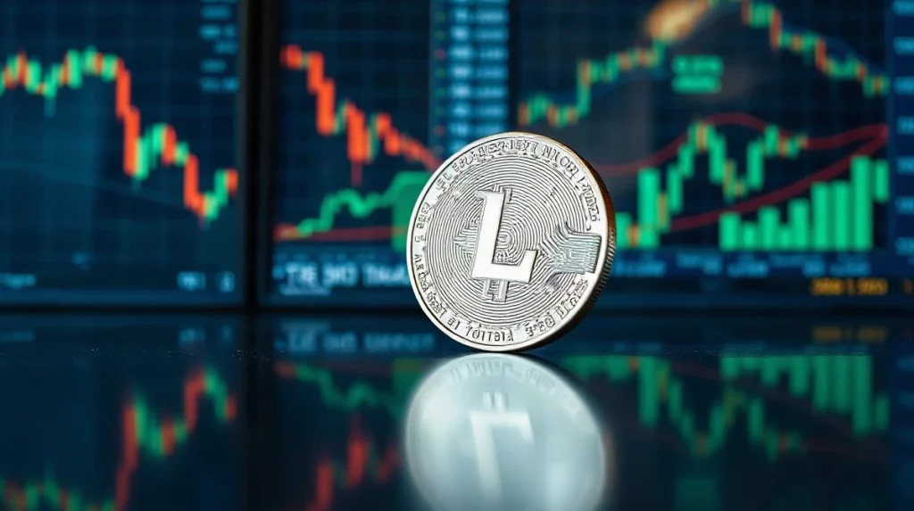 A digital token with the letter L on a reflective surface, symbolizing UNUS SED LEO cryptocurrency.