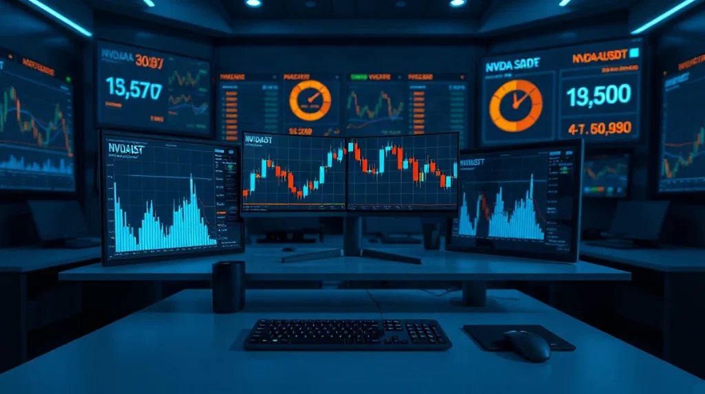 Trading desk with monitors showing stock and crypto futures charts
