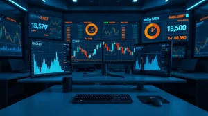 Trading desk with monitors showing stock and crypto futures charts