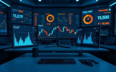 Trading desk with monitors showing stock and crypto futures charts