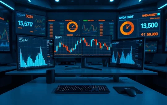 Trading desk with monitors showing stock and crypto futures charts