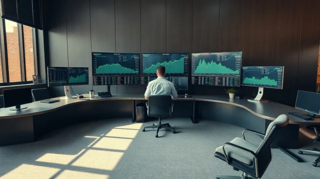 Analyst at a desk in a U.S. Treasury trading room watching yield-curve monitors during a debt buyback operation