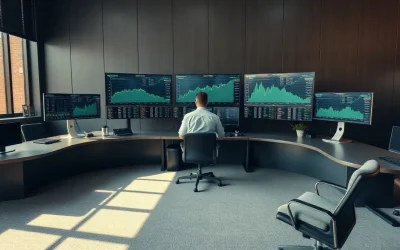 Analyst at a desk in a U.S. Treasury trading room watching yield-curve monitors during a debt buyback operation