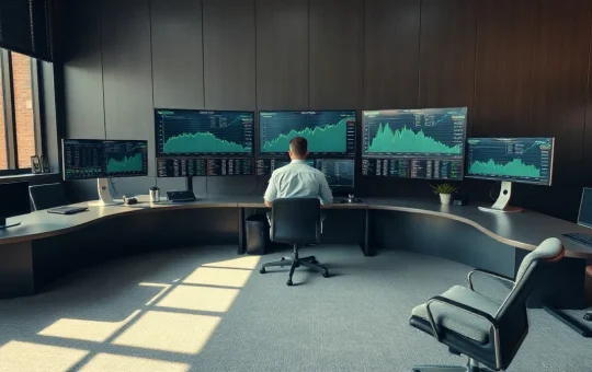Analyst at a desk in a U.S. Treasury trading room watching yield-curve monitors during a debt buyback operation