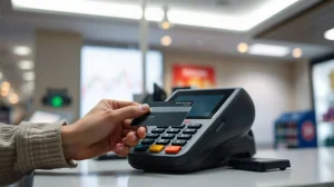 Credit card being tapped on a payment terminal at a checkout counter, representing Visa's crackdown on meme coin card rewards