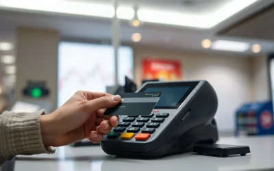 Credit card being tapped on a payment terminal at a checkout counter, representing Visa's crackdown on meme coin card rewards