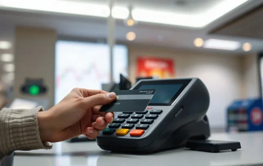 Credit card being tapped on a payment terminal at a checkout counter, representing Visa's crackdown on meme coin card rewards