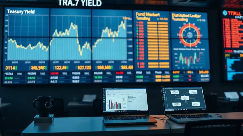 Institutional trading desk with Treasury and blockchain data displays