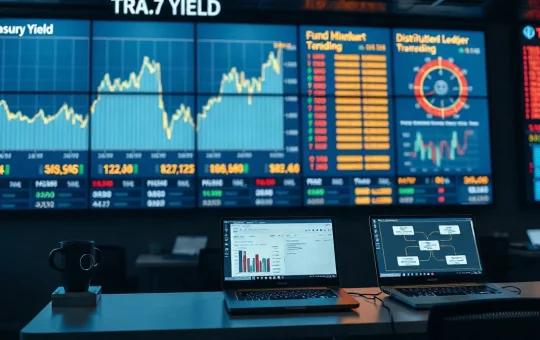 Institutional trading desk with Treasury and blockchain data displays