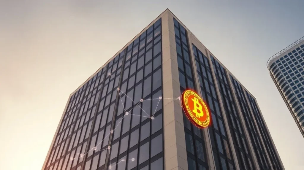 Modern financial building exterior with digital blockchain overlay representing Wise's new trust bank application under the GENIUS Act.