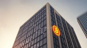 Modern financial building exterior with digital blockchain overlay representing Wise's new trust bank application under the GENIUS Act.