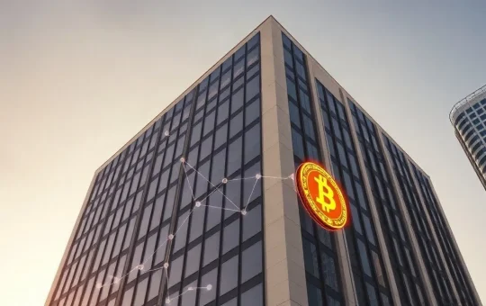 Modern financial building exterior with digital blockchain overlay representing Wise's new trust bank application under the GENIUS Act.