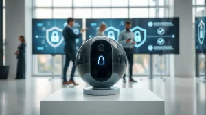 World Foundation Orb biometric scanner in a modern office setting with digital identity verification screens in background