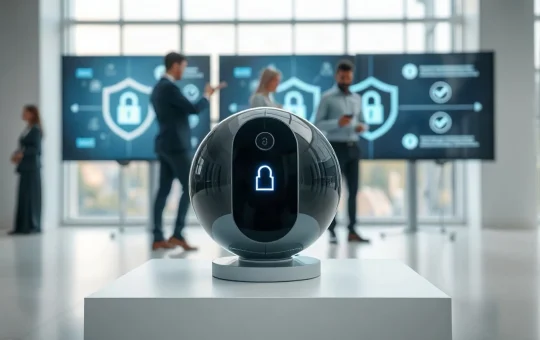 World Foundation Orb biometric scanner in a modern office setting with digital identity verification screens in background