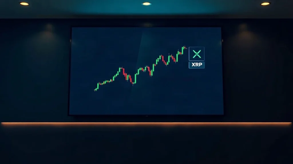 XRP price chart on a digital display in a dark trading office