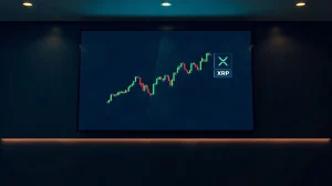 XRP price chart on a digital display in a dark trading office