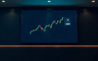 XRP price chart on a digital display in a dark trading office