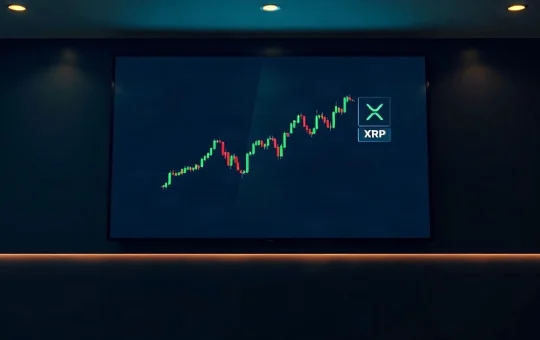 XRP price chart on a digital display in a dark trading office
